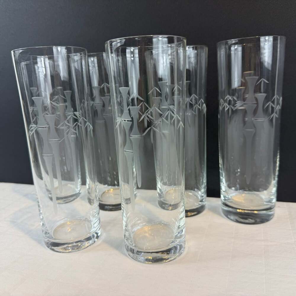 6 Vintage Noritake Sasaki Bamboo Etched Tom Collins Glass Mid Century Japan 7”